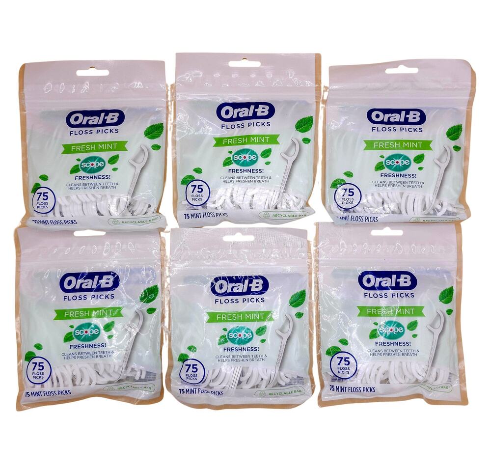 (6) Oral-B With Scope Dental Floss Picks Fresh Mint Flat 75 Count Each Set of 6
